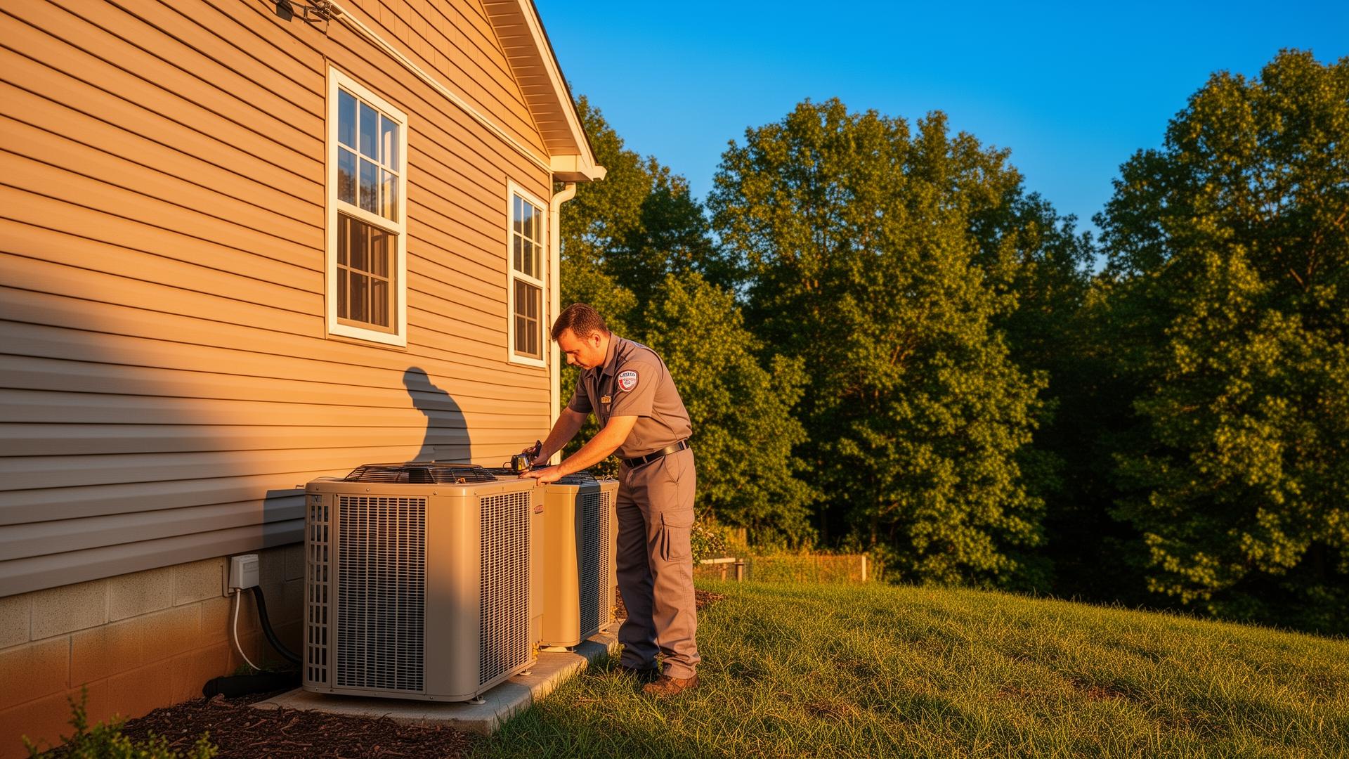 HVAC technician servicing an outdoor AC unit in West Virginia